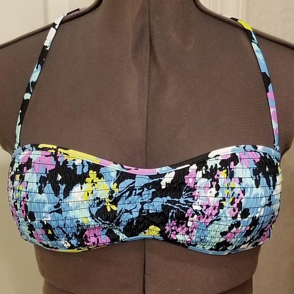 Land's End Floral Smocked Bandeau Bikini Top Size 6